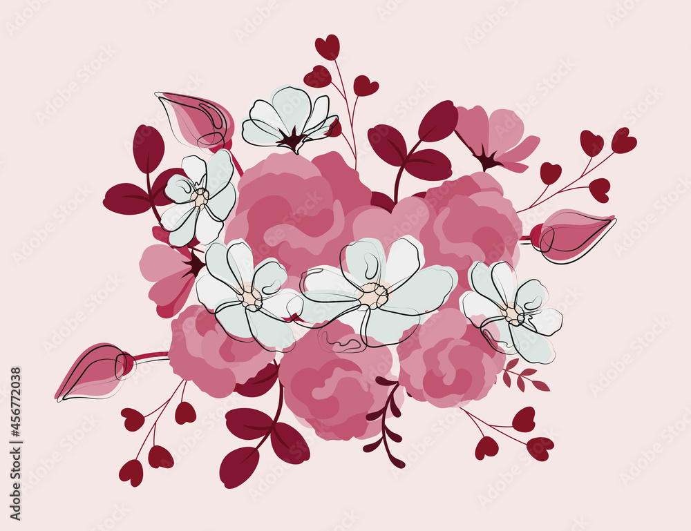 Drawing realistic flowers. Bright colorful pictures. Stylish wallpaper for smartphone and computer. Graphic elements for online shop. Volumetric vector illustration isolated on pink background