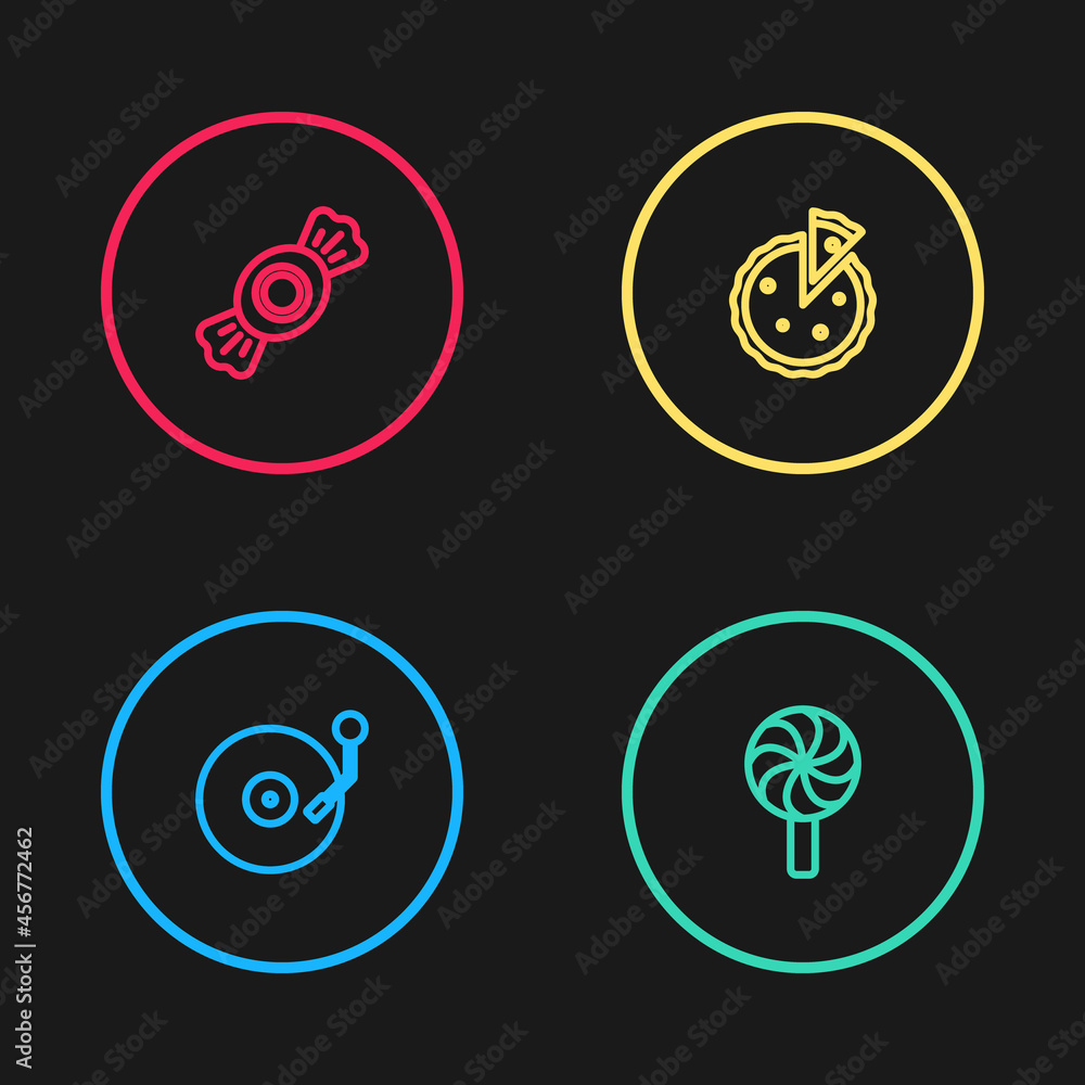 Set line Vinyl player with disk, Lollipop, Homemade pie and Candy icon. Vector Set line Vinyl player with disk, Lollipop, Homemade pie and Candy icon. Vector
