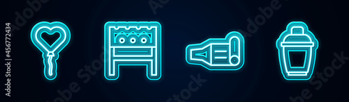 Set line Balloons in form of heart, BBQ brazier, Birthday party horn and Cocktail shaker. Glowing neon icon. Vector