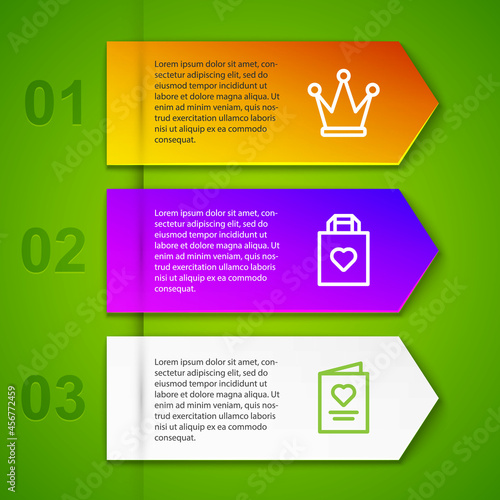 Set line Crown, Shopping bag with heart and Postcard. Business infographic template. Vector