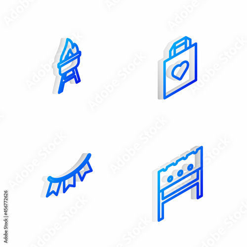 Set Isometric line Shopping bag with heart, Barbecue grill, Carnival garland flags and BBQ brazier icon. Vector