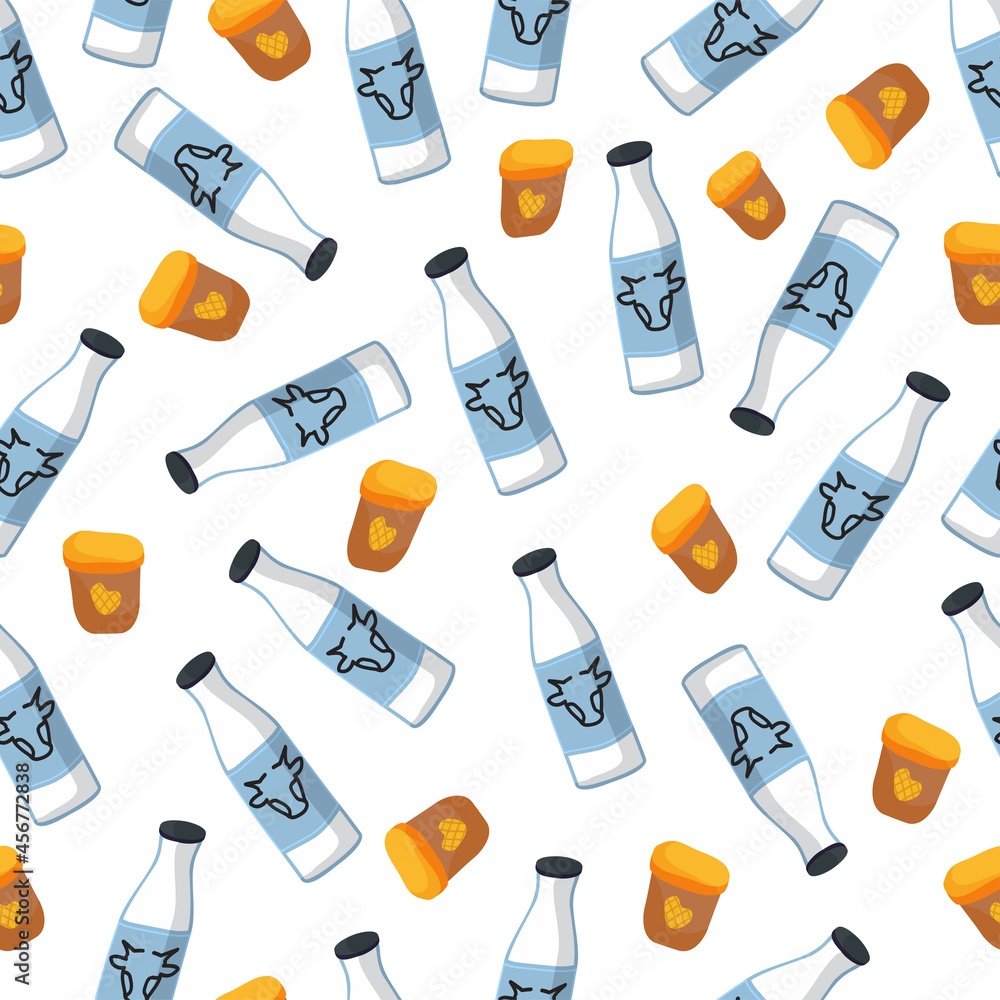 Cartoon seamless pattern milk bottle and peanut butter on white background vector Cartoon seamless pattern milk bottle and peanut butter on white background vector