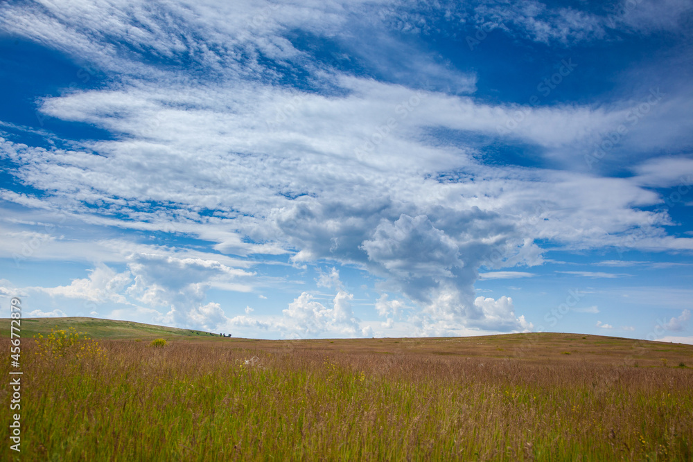 Views of the hills and steppe. Yellow field under blue sky with dramatic clouds, Khakasia, Russia.