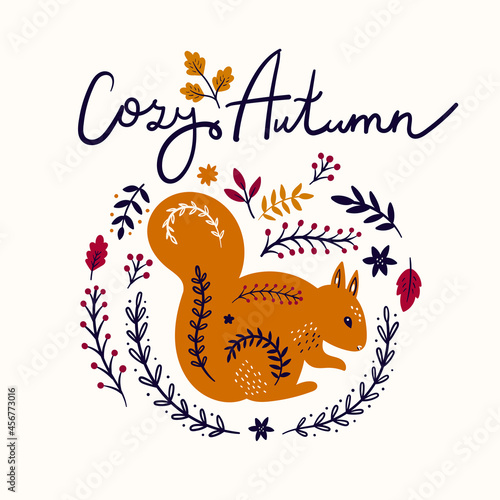 Autumn vector illustration with squirrel and autumn leaves