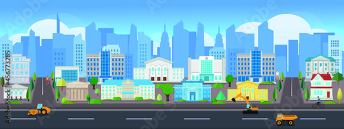 Vector poster with city view. Panoramic view. Modern skyscrapers and houses.