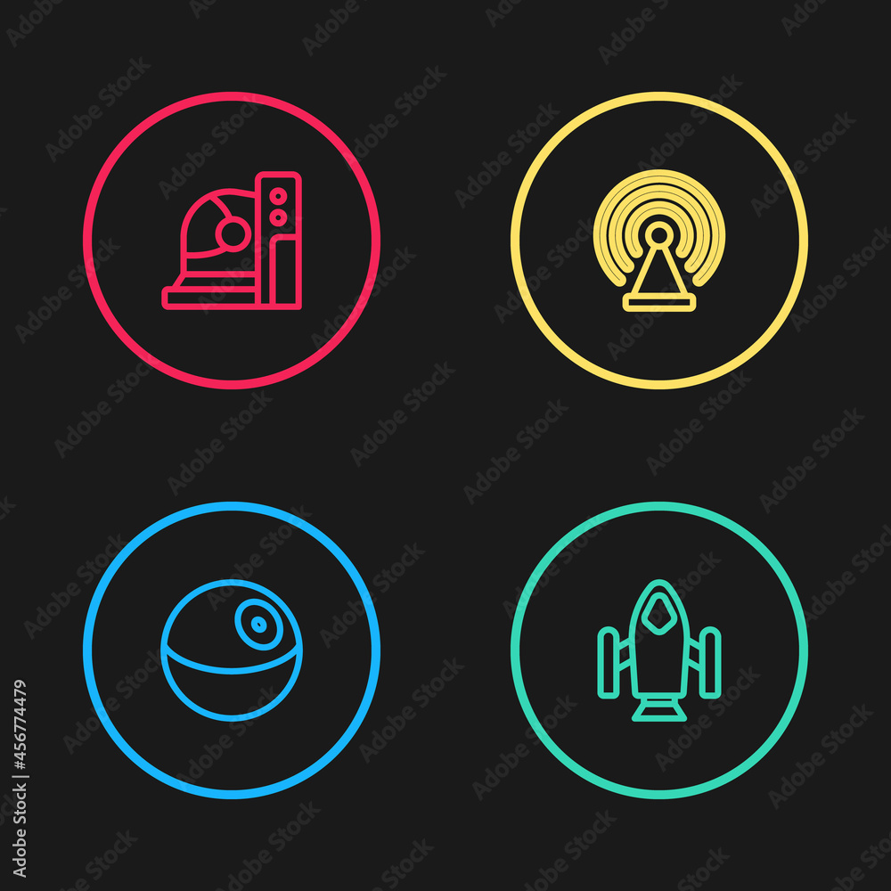 Set line Planet, Rocket ship, Radar and Astronaut helmet icon. Vector Set line Planet, Rocket ship, Radar and Astronaut helmet icon. Vector