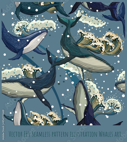 Seamless pattern illustration hand drawn whales.