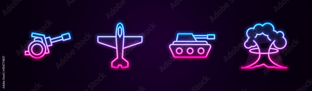 Set line Howitzer, Plane, Military tank and Nuclear explosion. Glowing neon icon. Vector Set line Howitzer, Plane, Military tank and Nuclear explosion. Glowing neon icon. Vector