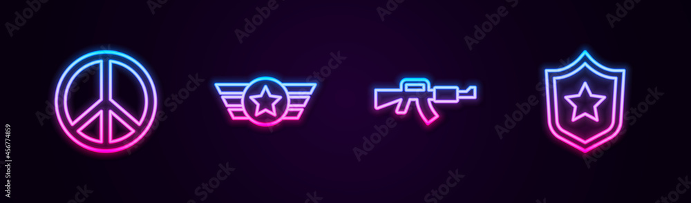 Set line Peace, Star American military, M16A1 rifle and Police badge. Glowing neon icon. Vector Set line Peace, Star American military, M16A1 rifle and Police badge. Glowing neon icon. Vector