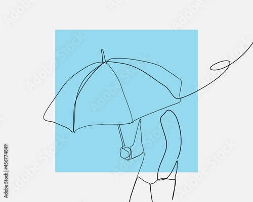 Continuous line, Young man with umbrella. Drawing of set Rain. (Vector illustration one line drawing)