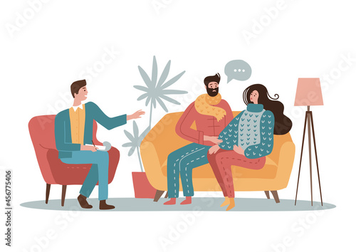 Young family couple characters talking to male psychologist about their problems. Concept of psychotherapy counseling. Man psychologist having session with patients. Flat vector Illustration