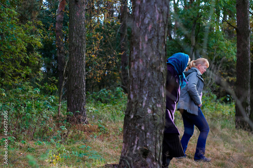 Defocus side view among trunk of two woman walking in pine forest. Mushroom picking season, leisure and people concept, mother and daughter walking in fall forest. People lost. Out of focus