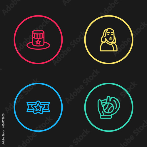 Set line Star American military, Baseball glove with ball, Benjamin Franklin and Patriotic top hat icon. Vector