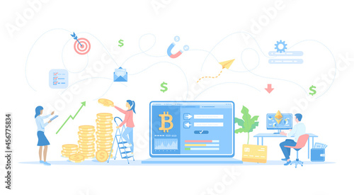 Cryptocurrency Exchange and Blockchain. Bitcoin, Ethereum to dollars exchange platform. Money market, finance trading, analytics, graphs, profit. Vector illustration flat style.