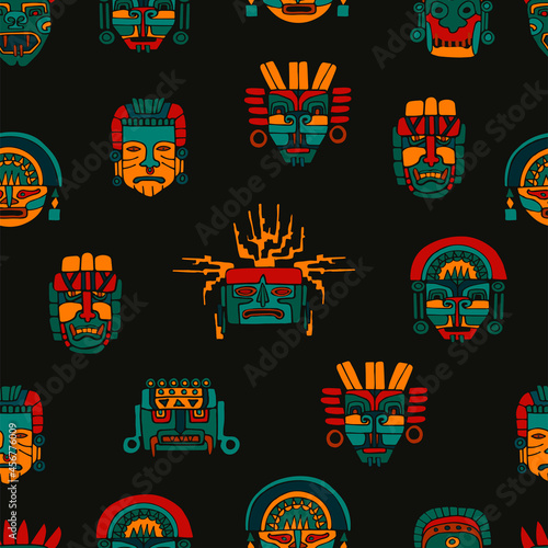 Seamless Pattern With Aztec, Maya Or Inca Traditional Masks. Hand Drawn Doodle Style. Colorful Print. Black Background. Vector Illustration.

