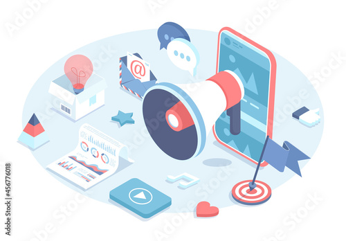 Digital marketing. Social media advertising campaign, business promotion, communication strategy. Vector illustration in 3d design. Isometric web banner.