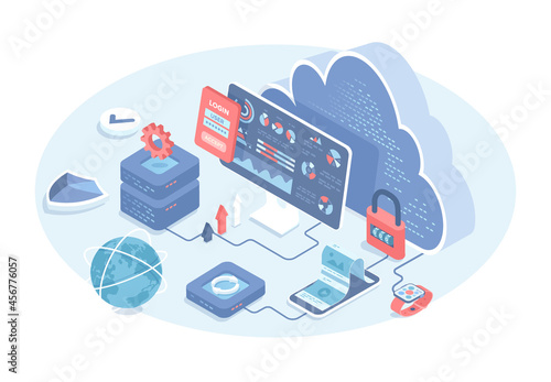 Cloud storage. Online hosting database technology. Cloud computing. Data center, file management, security service. Vector illustration in 3d design. Isometric web banner.