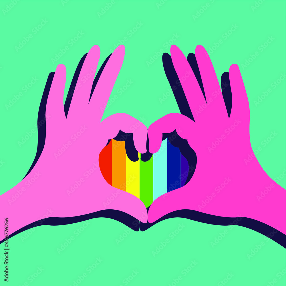 Obraz premium vector illustration on the theme of tolerance, rights of sexual minorities, LGBT. two hands folded in the shape of a heart with rainbow coloration. love is love. useful for posters, print, propaganda.