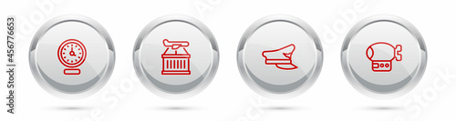 Set line Clock, Plane, Pilot hat and Airship. Silver circle button. Vector