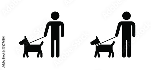 Walking with the dog, dogs leash. Cartoon walk with hound and lead icon. Flat vector stick figure dog pictogram. black silhouette of a dog. Stickfigure or stickman logo