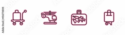 Set line Trolley baggage  Suitcase  Helicopter and icon. Vector