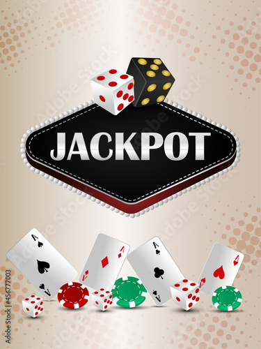 Jackpot casino gambling game with playing cards, chips and dice