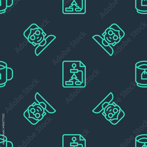 Set line Flowchart, Hacker or coder and Cup of tea with tea bag on seamless pattern. Vector