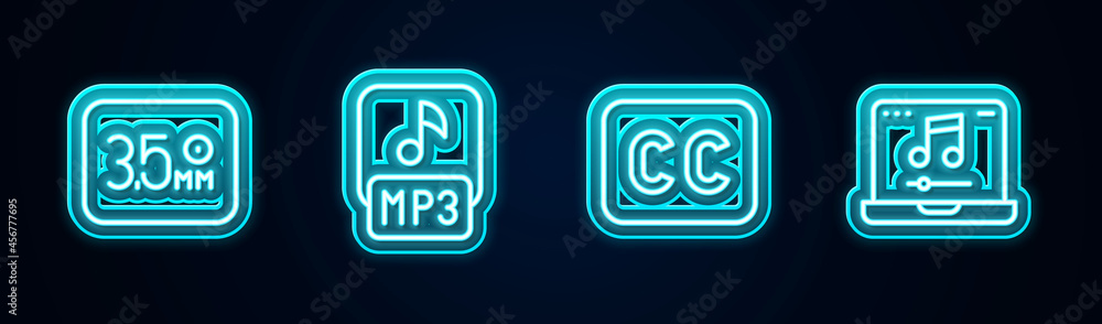 Set line Audio jack, MP3 file, Subtitles and Laptop with music. Glowing neon icon. Vector Set line Audio jack, MP3 file, Subtitles and Laptop with music. Glowing neon icon. Vector