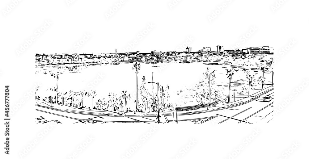 Building view with landmark of Lakeland is the 
city in Florida. Hand drawn sketch illustration in vector.