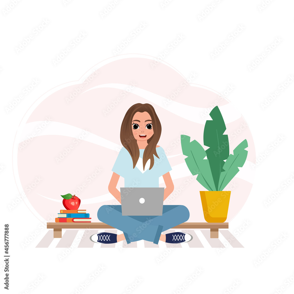 A girl with books and a laptop. A homemade flower in a pot. The concept of coronavirus isolation and work at home, training. Vector isometric image of an online textbook for students to study. A girl with books and a laptop. A homemade flower in a pot. The concept of coronavirus isolation and work at home, training. Vector isometric image of an online textbook for students to study.