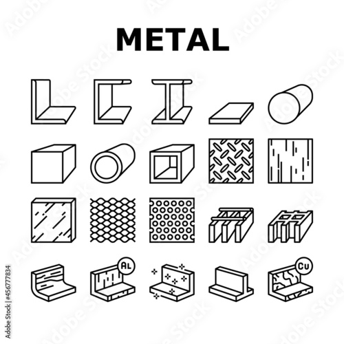 Metal Material Construction Beam Icons Set Vector. Pipe And Round Bar, Square And Diamond Plate, Angle And Brass, Expanded Sheet And Channel Metal Profile, Black Contour Illustrations