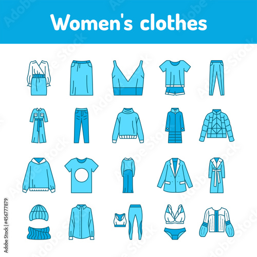 Womens clothes color line icons set. Pictograms for web page, mobile app, promo.