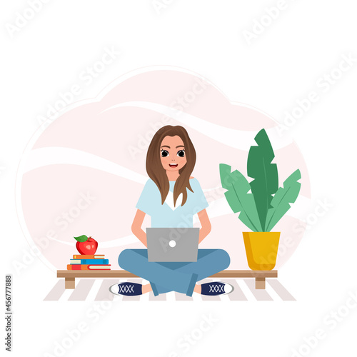 A girl with books and a laptop. A homemade flower in a pot. The concept of coronavirus isolation and work at home, training. Vector isometric image of an online textbook for students to study.
