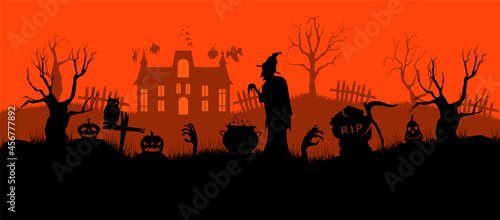 Happy Halloween banner on orange background. Halloween concept for greeting cards. Composition of silhouettes. Vector illustration.