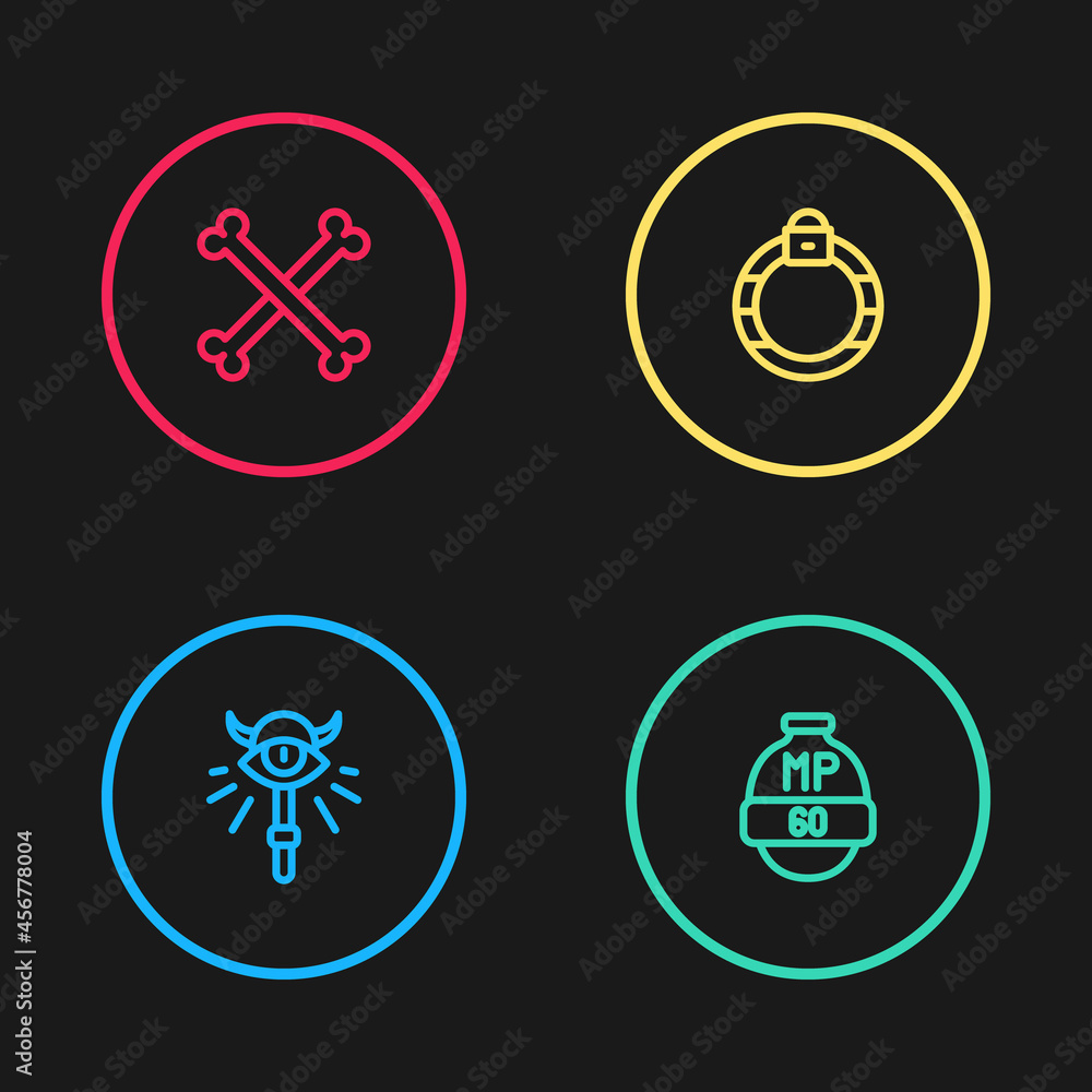 Set line Magic staff, Video game bar, stone ring and Crossed human bones icon. Vector Set line Magic staff, Video game bar, stone ring and Crossed human bones icon. Vector