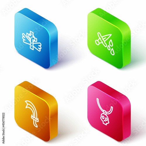 Set Isometric line Christian cross, Sword with blood, for game and Necklace amulet icon. Vector