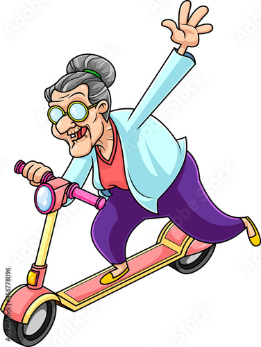 Happy Grandmother Cartoon Character Driving Scooter And Waving. Vector Hand Drawn Illustration Isolated On Transparent Background