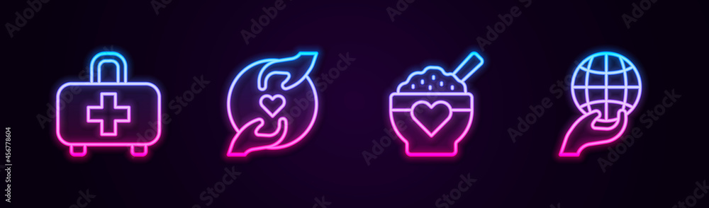 Set line First aid kit, Pleasant relationship, Donation food and Hand holding Earth globe. Glowing neon icon. Vector Set line First aid kit, Pleasant relationship, Donation food and Hand holding Earth globe. Glowing neon icon. Vector