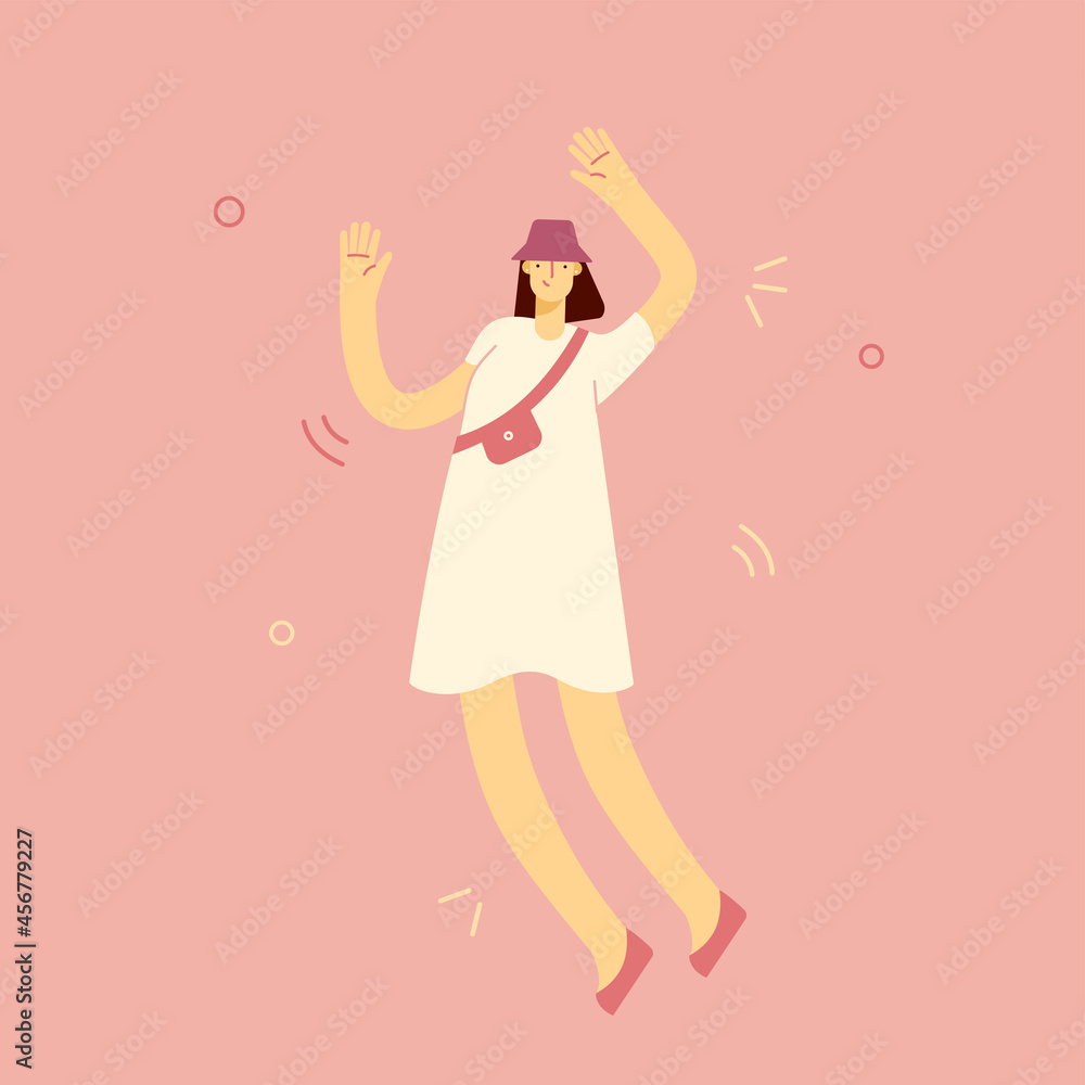 Happy young woman jumps up. Modern girl is dancing, jumping, celebrating success. Concept of victory and goal achievement. Vector cartoon female character in full length. Happy young woman jumps up. Modern girl is dancing, jumping, celebrating success. Concept of victory and goal achievement. Vector cartoon female character in full length.