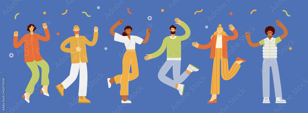 Happy people jump with happiness. Night party. Group of men and women raising hands celebrating holiday with colorful confetti. Colored flat vector illustration. 