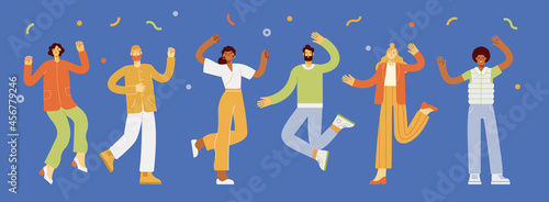 Happy people jump with happiness. Night party. Group of men and women raising hands celebrating holiday with colorful confetti. Colored flat vector illustration. 