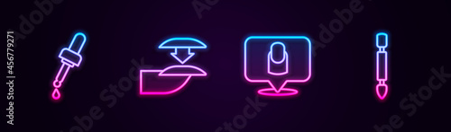 Set line Pipette with oil, False nails, Manicure and Cuticle pusher. Glowing neon icon. Vector