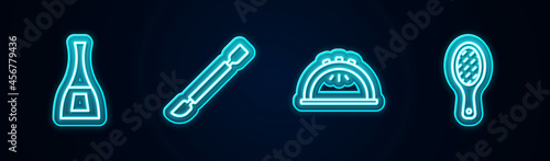 Set line Bottle of nail polish, Cuticle pusher, Manicure lamp and Nail file. Glowing neon icon. Vector