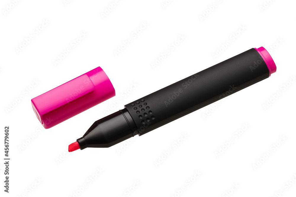 Pink sketching marker in a black plastic case on a white background with an open cap. Perfect retouching. Close-up. Pink sketching marker in a black plastic case on a white background with an open cap. Perfect retouching. Close-up.