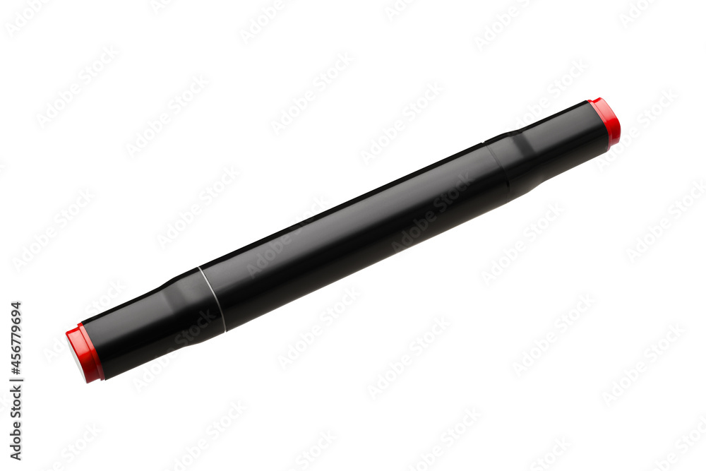 The black sketch marker is isolated on a white background. With a closed cap. Perfect retouching. Close-up. The black sketch marker is isolated on a white background. With a closed cap. Perfect retouching. Close-up.