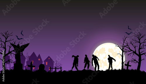 Halloween 2021 background. Full moon in the dark night with zombie. Abandoned cemetery. Vector illustration.