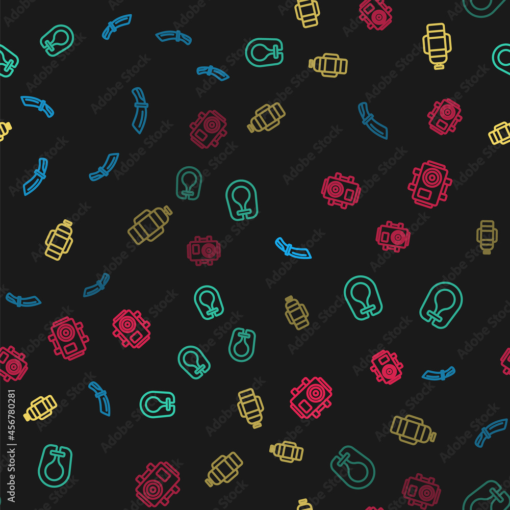 Set line Diving knife, Life jacket, Aqualung and Photo camera for diver on seamless pattern. Vector Set line Diving knife, Life jacket, Aqualung and Photo camera for diver on seamless pattern. Vector