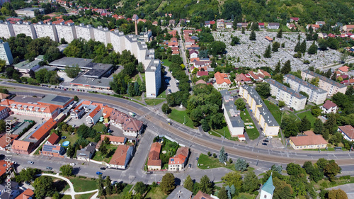 View of residential buildings and the road on the outskirts of Miskolc. Hungary. Europe