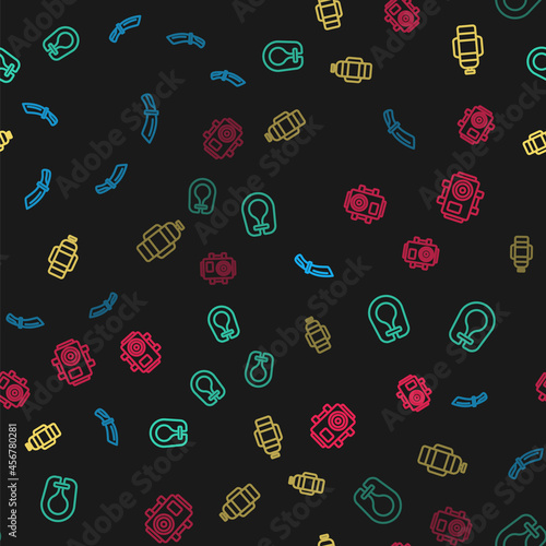 Set line Diving knife, Life jacket, Aqualung and Photo camera for diver on seamless pattern. Vector