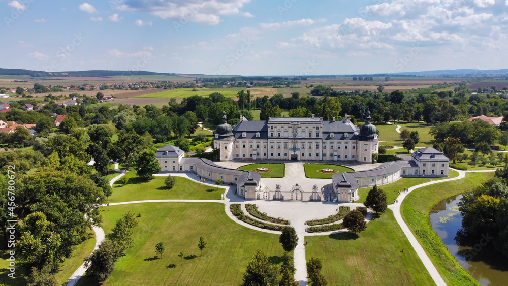 View of L'Huillier-Coburg Palace and surroundings.  Edelény is the seventh largest palace in Hungary. Europe